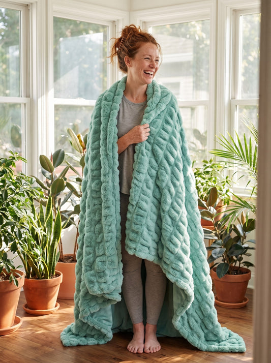 The Cloud Blanket in Wasabi, in a sunroom