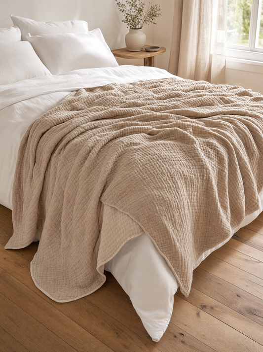 The Muslin Blanket draped on a queen bed