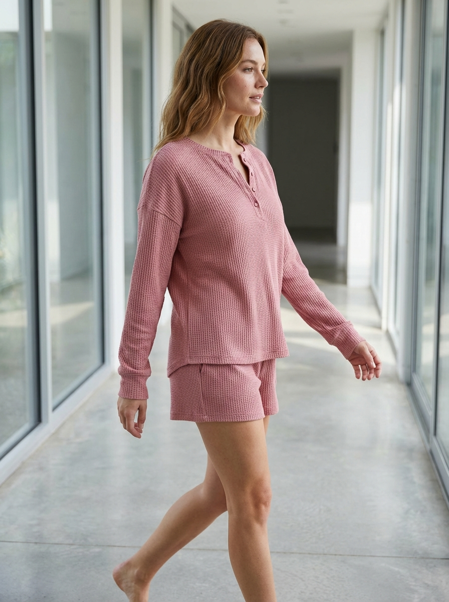 BreezeKnit Waffle Lounge Set in Dusty Rose