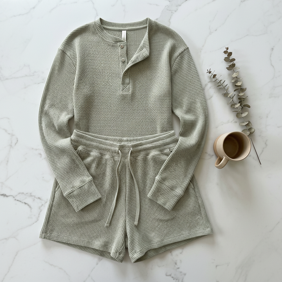 BreezeKnit Waffle Lounge Set - Flat Lay in Sage
