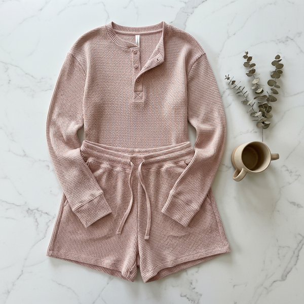 BreezeKnit Waffle Lounge Set - Flat Lay in Dusty Rose