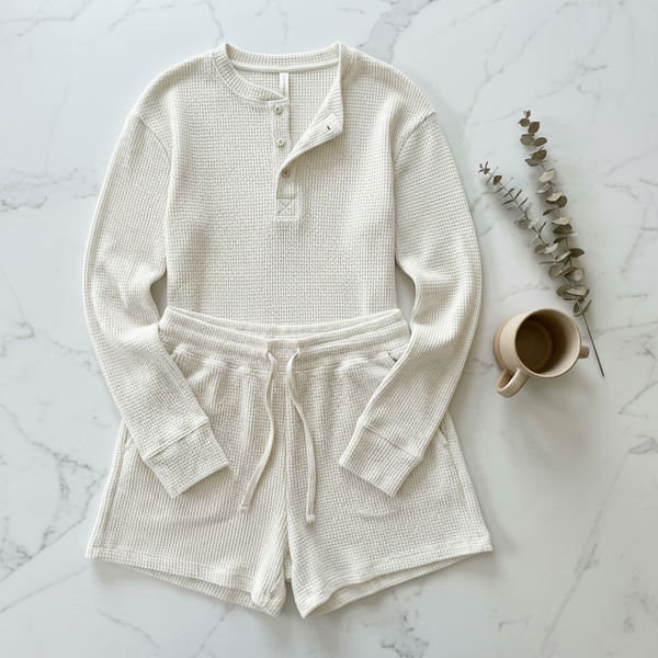 BreezeKnit Waffle Lounge Set - Flat Lay in Cloud White