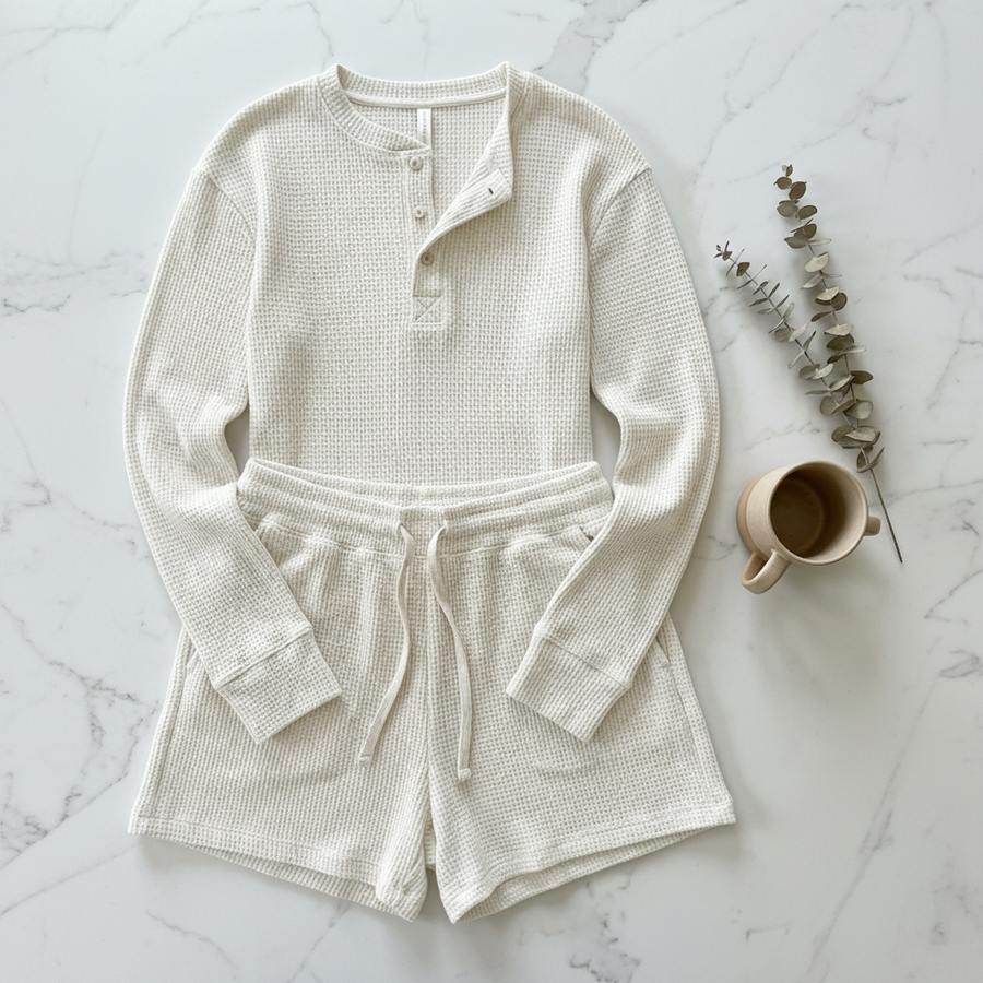 BreezeKnit Waffle Lounge Set - Flat Lay in Cloud White