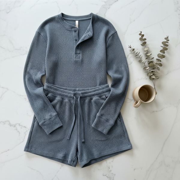 BreezeKnit Waffle Lounge Set - Flat Lay in Slate Blue