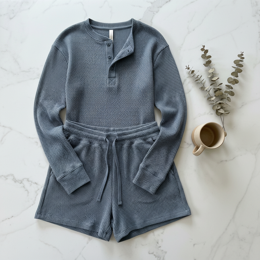 BreezeKnit Waffle Lounge Set - Flat Lay in Slate Blue
