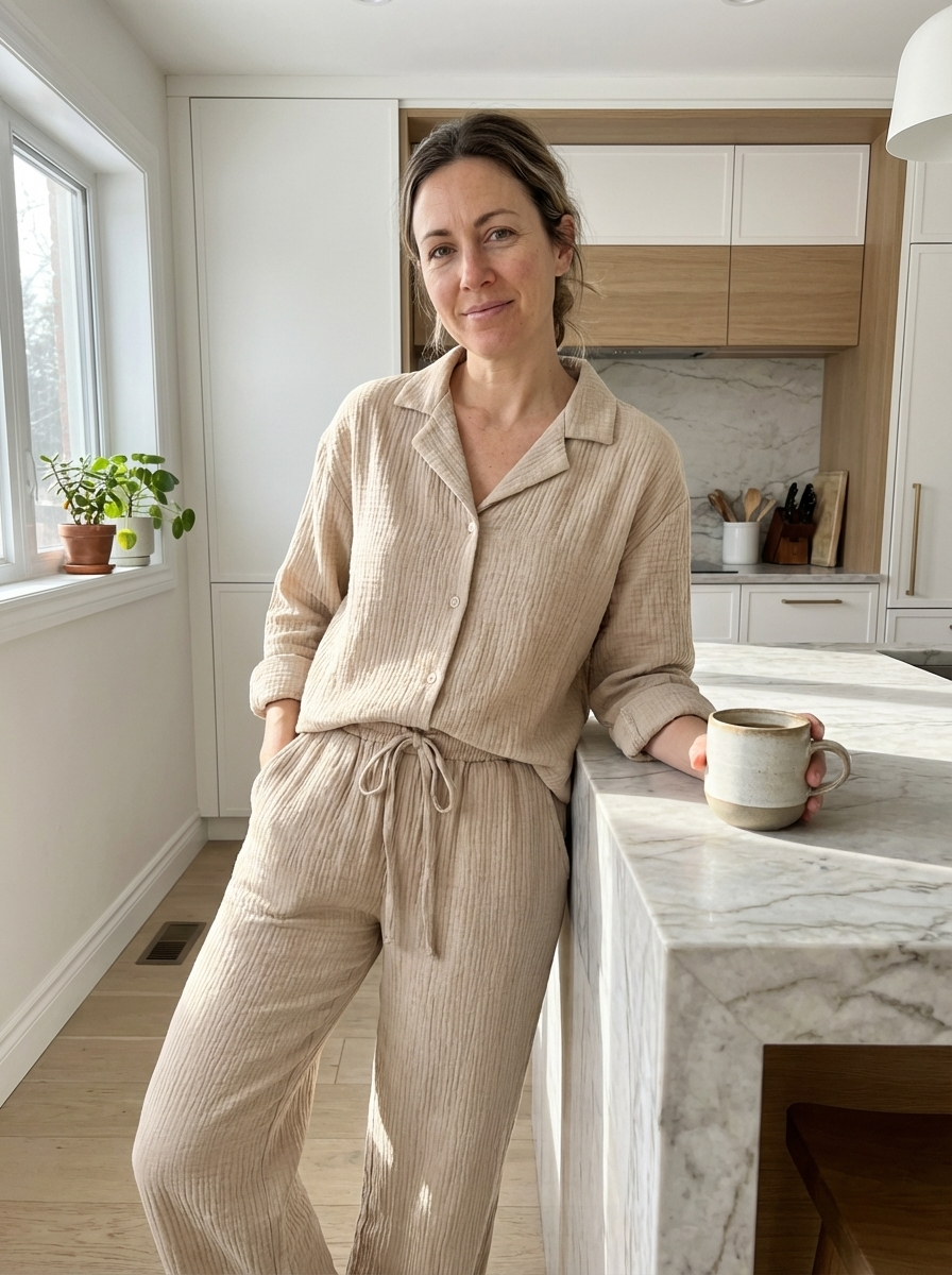 CloudGauze Breeze Set - Model in kitchen with coffee