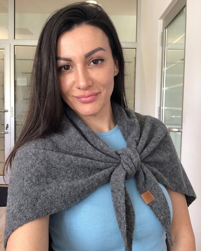 Gray Fleece Shawl knotted at the chest