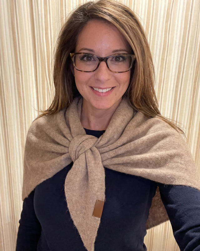 Khaki Fleece Shawl knotted at the chest