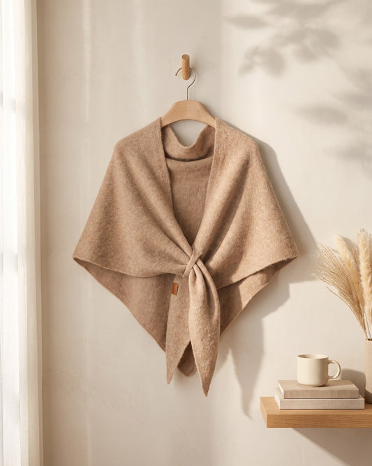Khaki Fleece Shawl knotted, hanging on a wall peg in warm window light