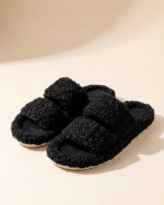 Midnight black fuzzy teddy slides with two padded straps
