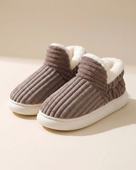 Mocha brown corduroy bootie slippers with sherpa fleece collar