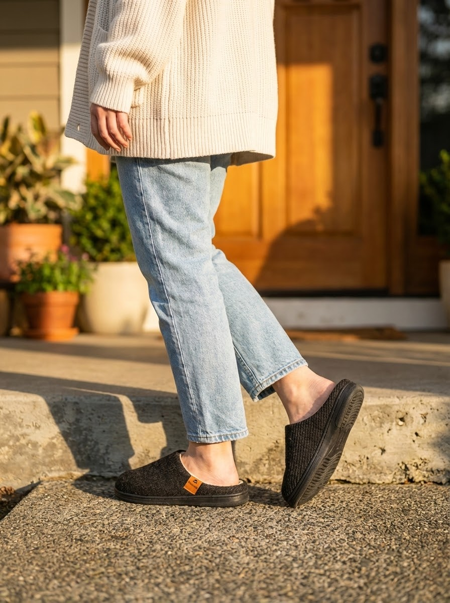 Model wearing CloudStep Fleece-Lined Slippers - outdoor morning