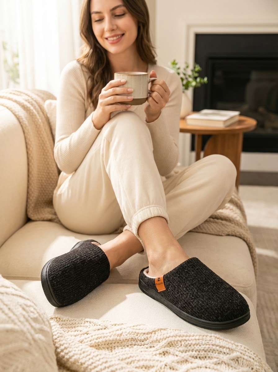 Model wearing CloudStep Fleece-Lined Slippers - cozy lifestyle