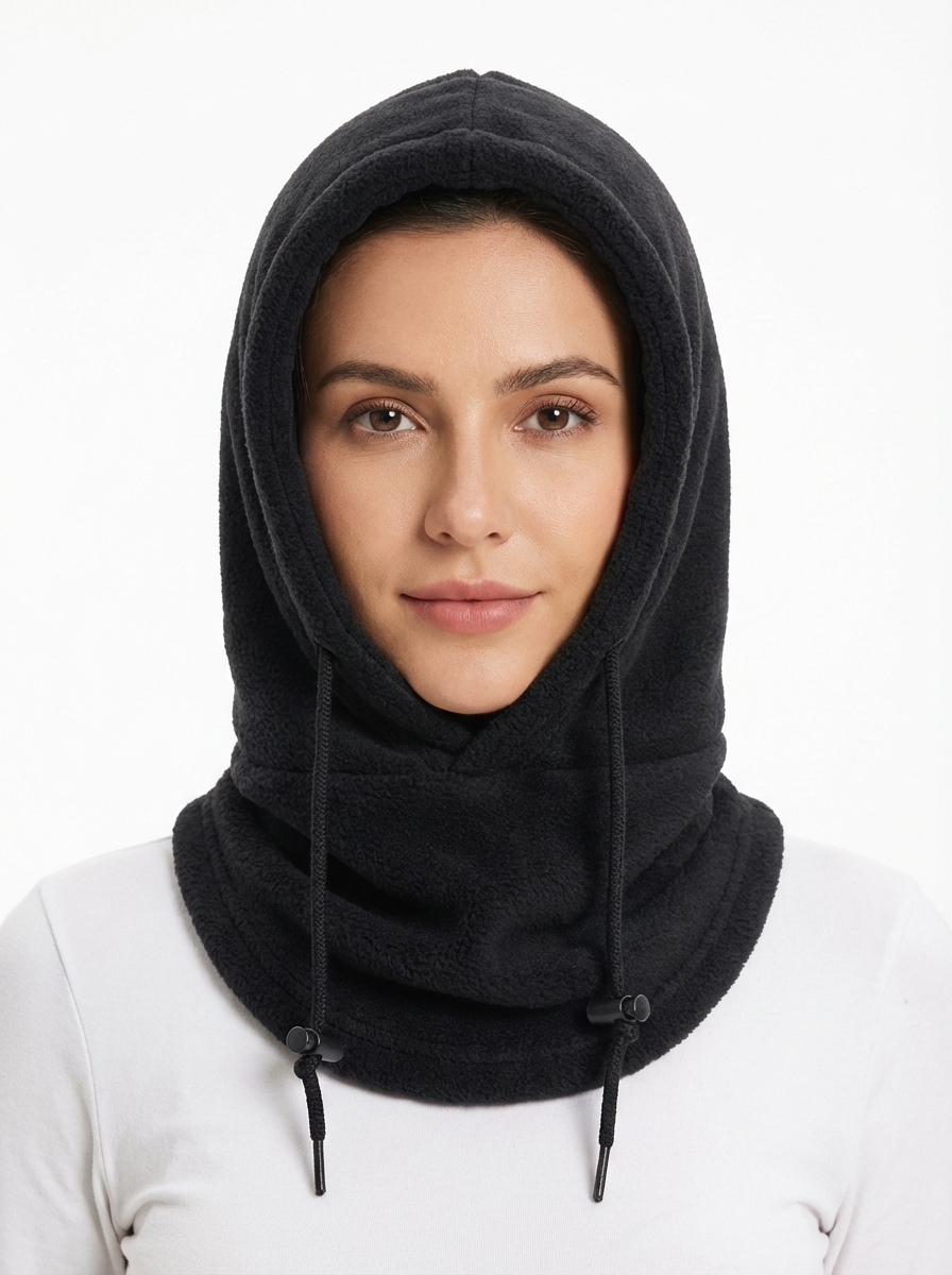 Model wearing CozyHood Polar Fleece Balaclava - studio front view