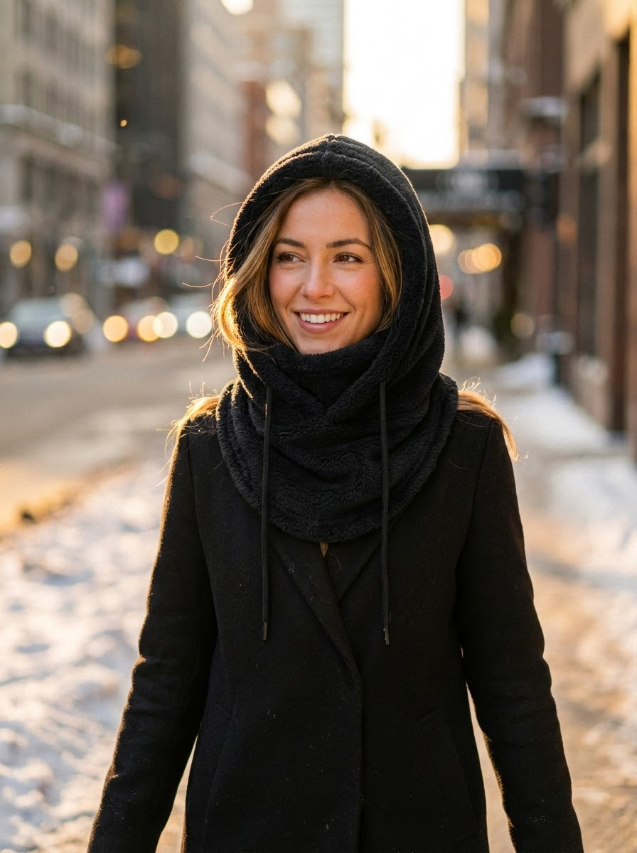 Model wearing CozyHood Polar Fleece Balaclava - urban lifestyle