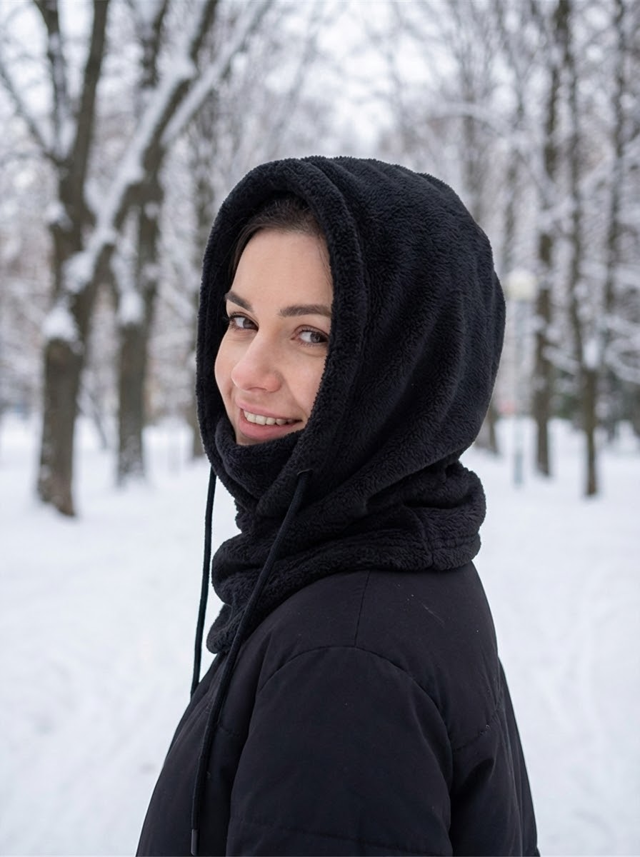 Model wearing CozyHood Polar Fleece Balaclava - winter park scene