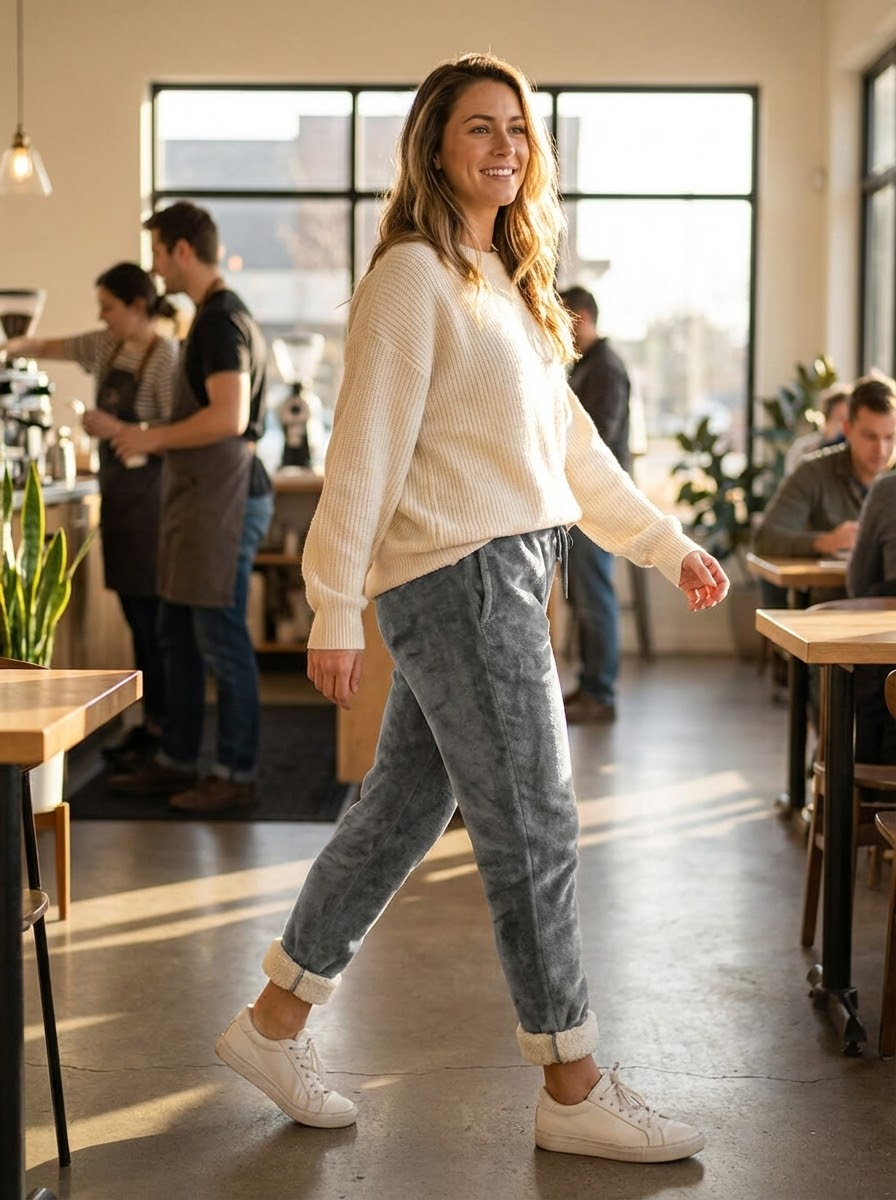 Model wearing ThermaTrack Sherpa-Lined Fleece Joggers - lifestyle coffee shop