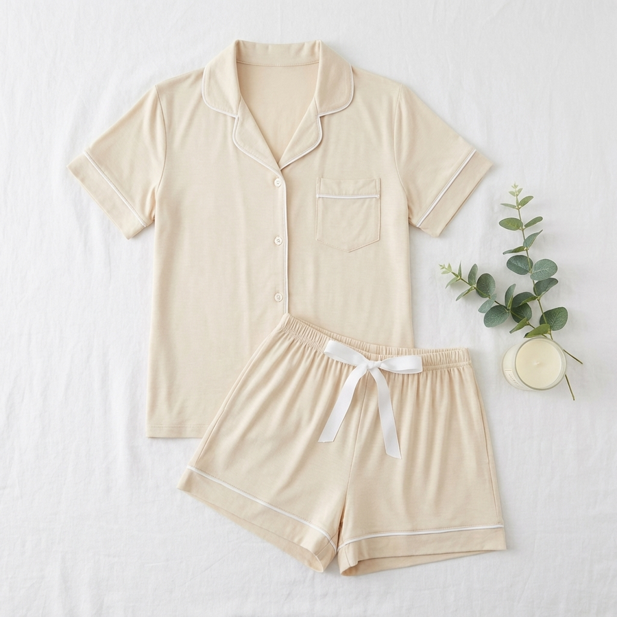 BambooBreeze Cooling Pajama Set flat lay - Oatmeal