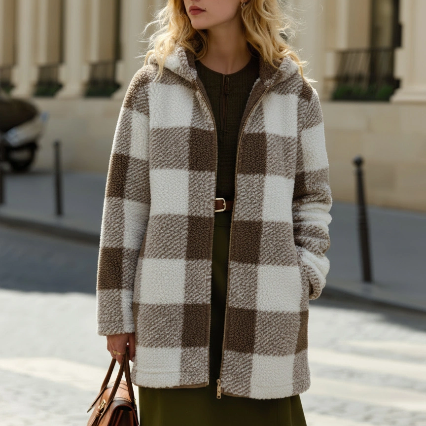 Plaid Fleece Hooded Coat