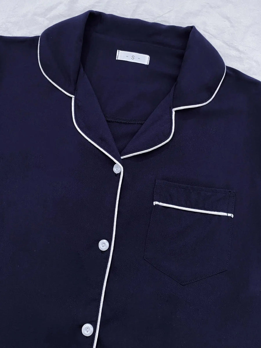 BambooBreeze Cooling Pajama Set - notch collar detail with contrast piping