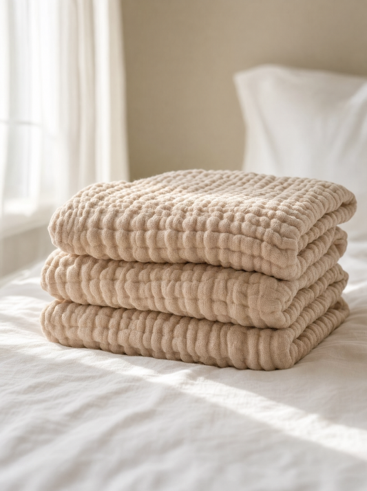 The Muslin Blanket folded on a bed