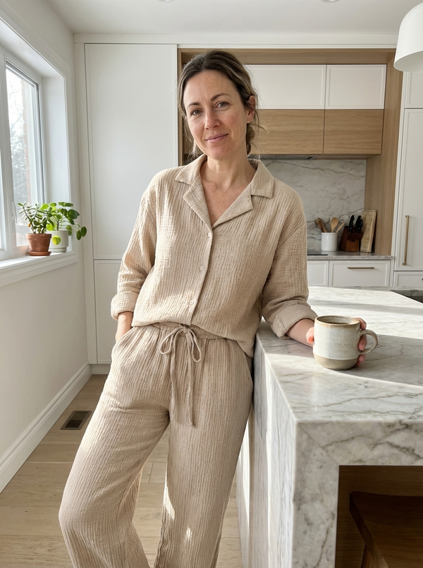 CloudGauze Breeze Set - Model in kitchen with coffee