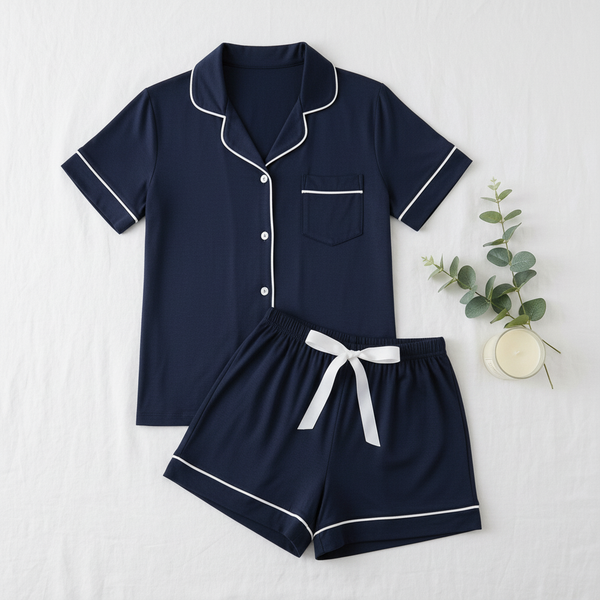 BambooBreeze Cooling Pajama Set flat lay - Navy
