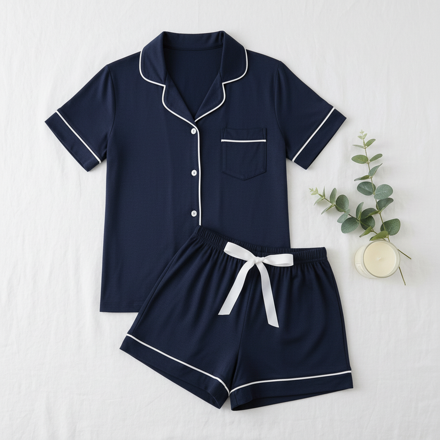 BambooBreeze Cooling Pajama Set flat lay - Navy
