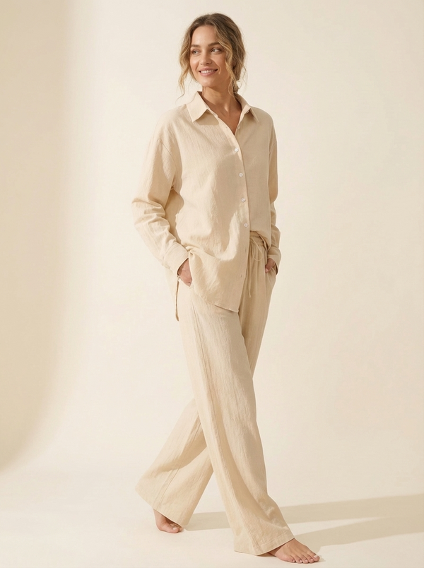 LinenAire Relaxed Linen Lounge Set - Walking Pose in Oatmeal
