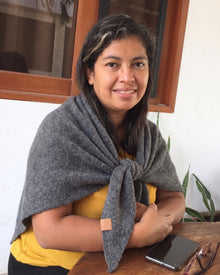 Gray Fleece Shawl knotted at the chest, worn