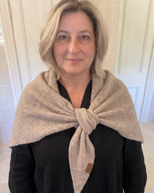 Khaki Fleece Shawl knotted at the chest, worn