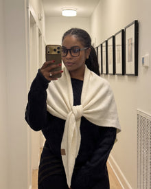White Fleece Shawl knotted at the chest, worn