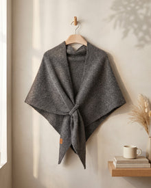 Gray Fleece Shawl knotted, on a hanger