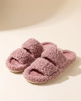 Dusty rose fuzzy open-toe teddy slides with two puffy straps