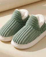 Sage green corduroy bootie slippers with sherpa fleece collar and thick cream sole