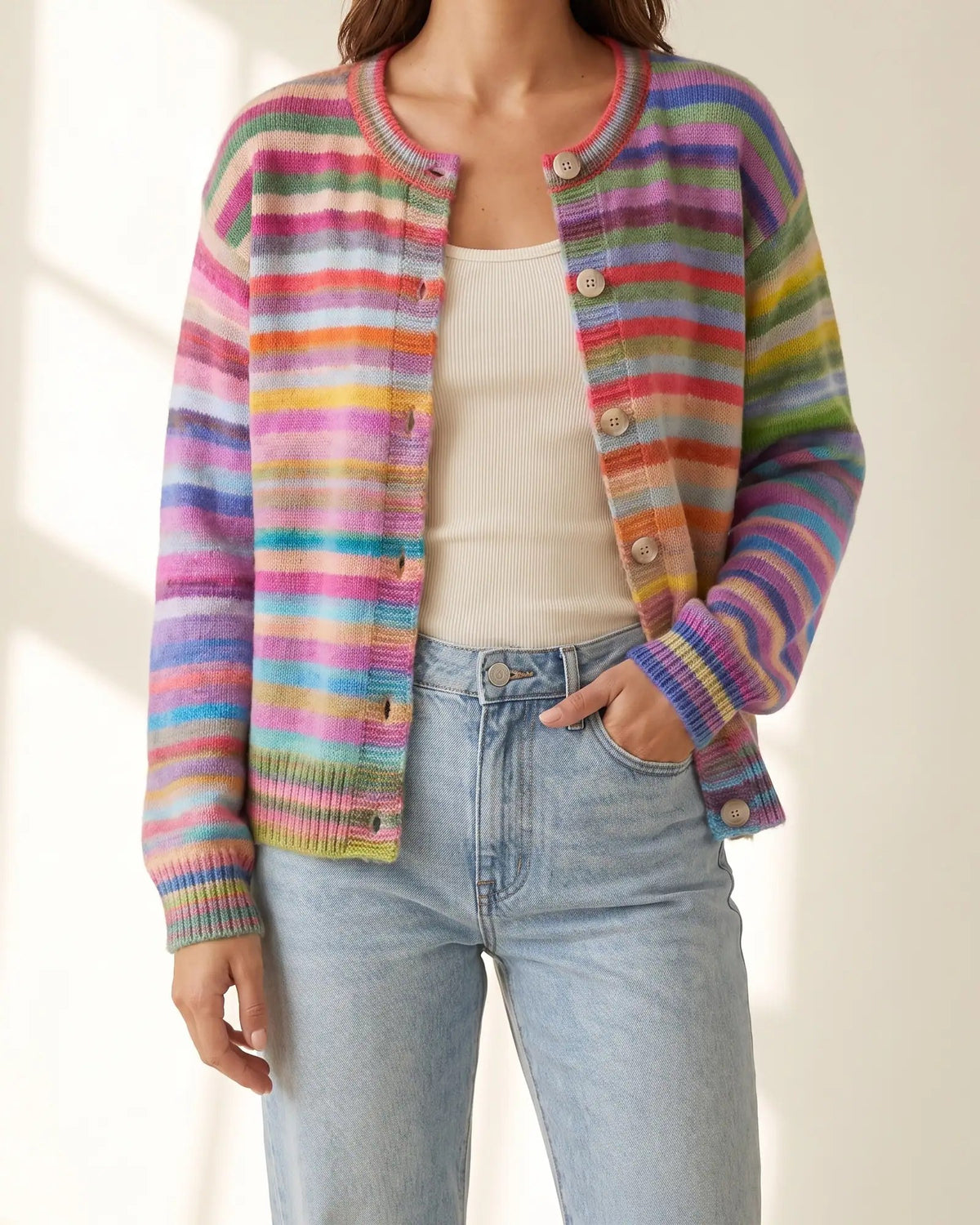 Fluffy hip-length rainbow striped cardigan worn open over a cream cami with light jeans